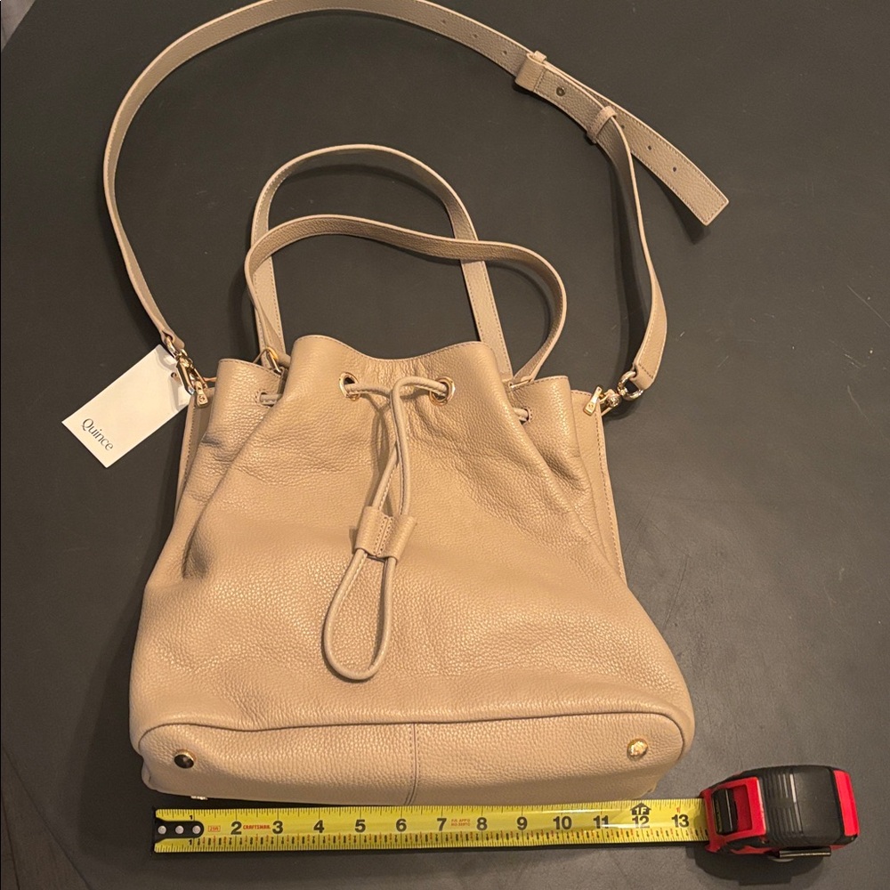 Quince Taupe Pebbled Leather Drawstring Crossbody Bag - Picture 7 of 8
